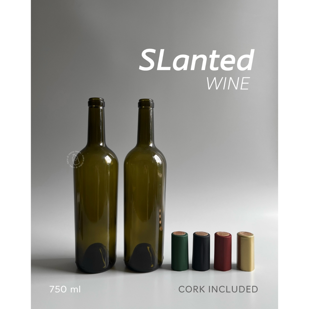 Botol kaca SLANTED Wine wooden cork + sleeves - BOTOL BARU - Wine Glass bottle