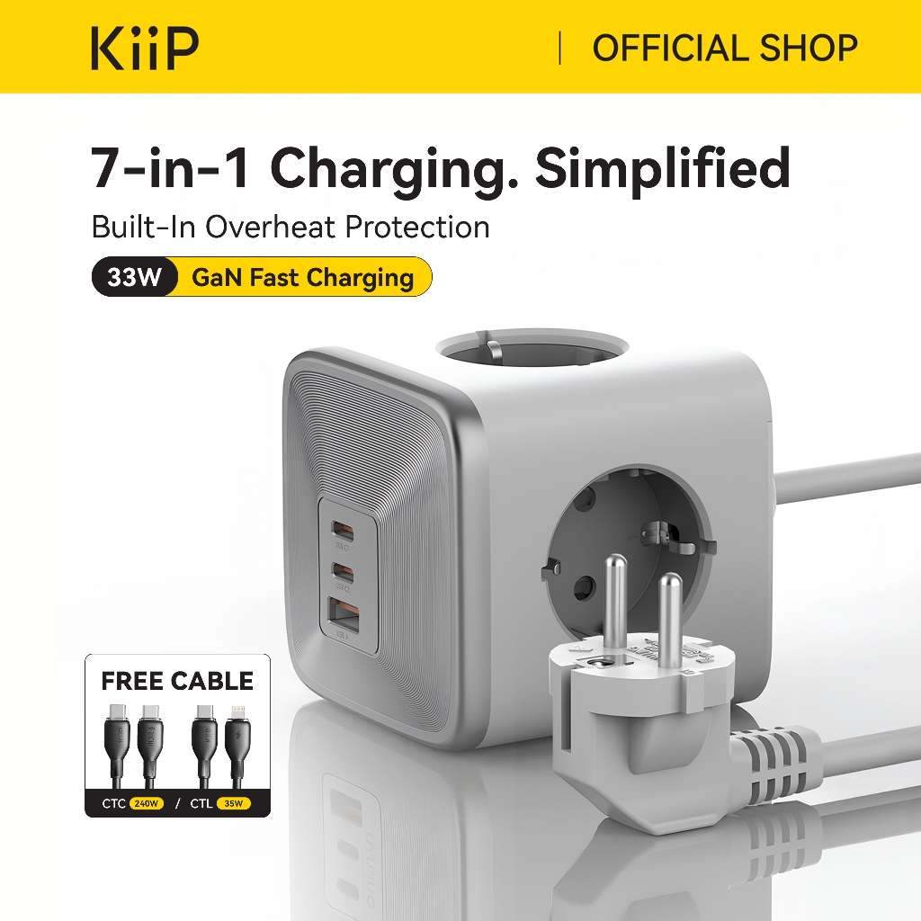 KiiP Charger C32T Power Cube Adaptor GaN 33W Fast Charging Adapter AC Socket 4000W With Cable