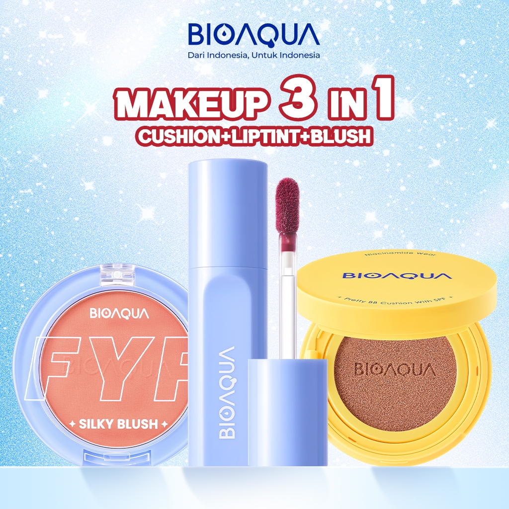 BIOAQUA Makeup 3 In 1 Cushion+Liptint+Blush on Bundle AquaLock ALL DAY Hybrid Cushion Bedak Cushion 