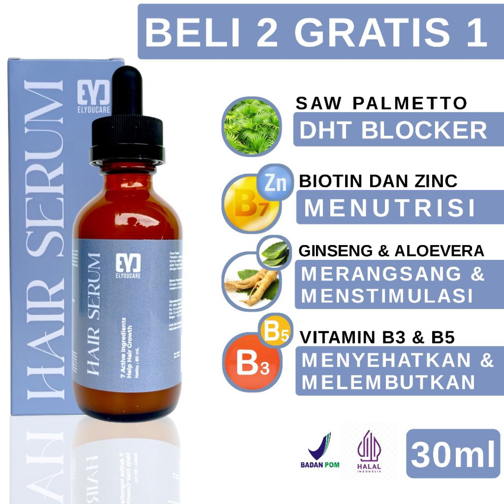 Serum Penumbuh Rambut Rontok Botak Cepat Dan Kebotakan Faktor Genetik (Keturunan) BPOM by ELYOUCARE