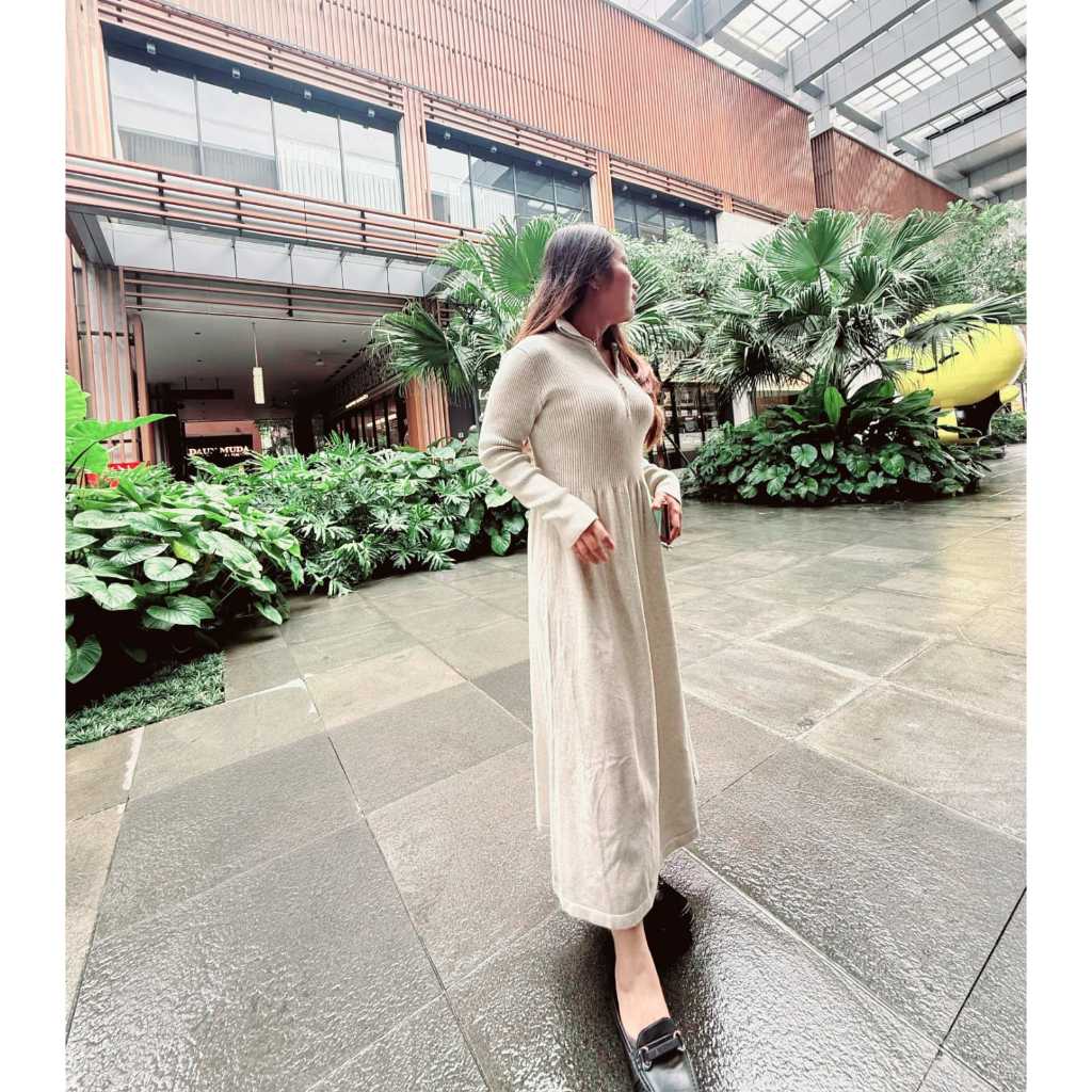 Dress V-Neck Knit Long Slim Bodyfit Basic Casual Wear Simple Polos Wanita