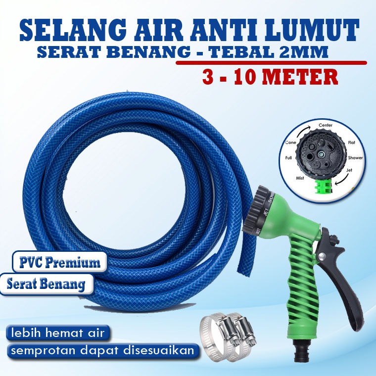 ALISYA STARS Selang Air Biru Anti Lumut Hemat | Selang 5/8 Inch 3- 10 Meter dengan Nozzle 7 Mode Sem