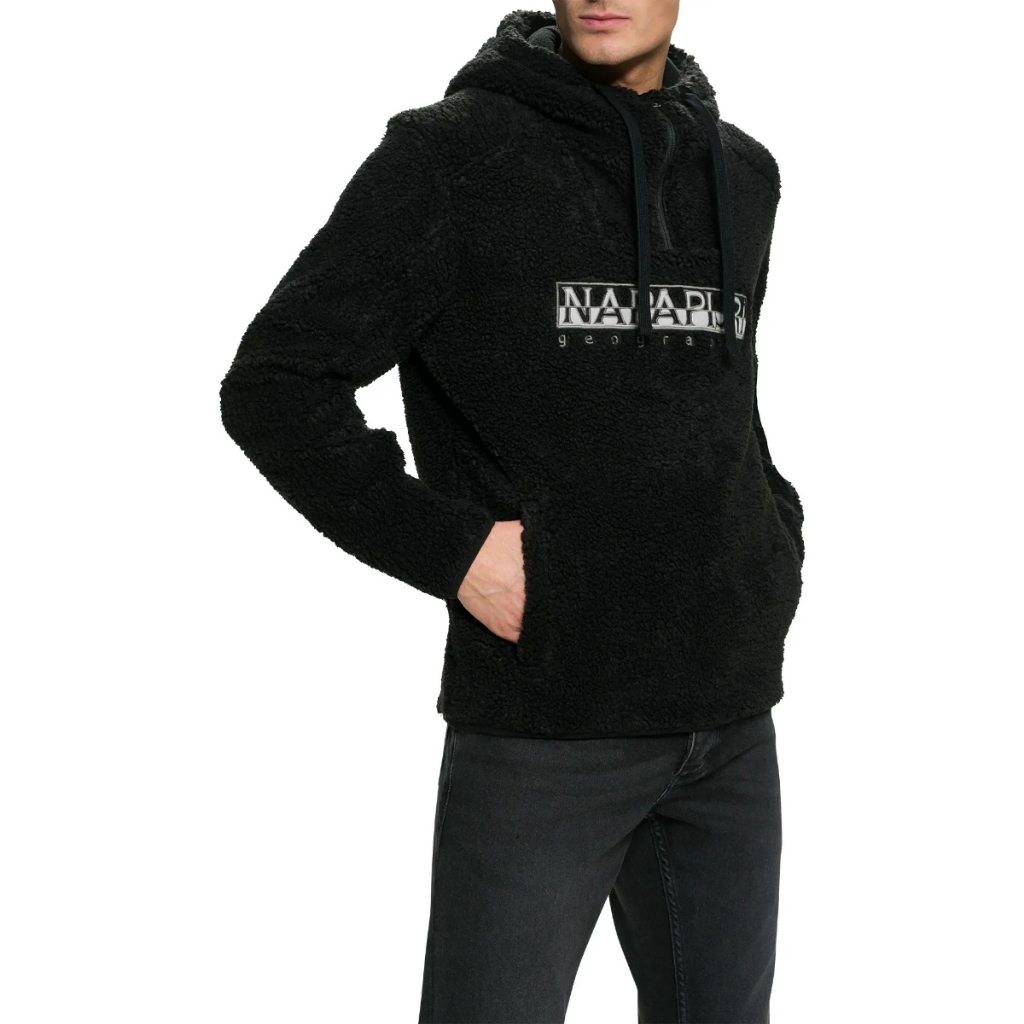Napapijri Black teddy fleece pullover Original Jacket Sherpa Pria Bulu Hangat