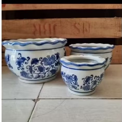 Pot Tanam Keramik Set 3Pcs Biru Putih
