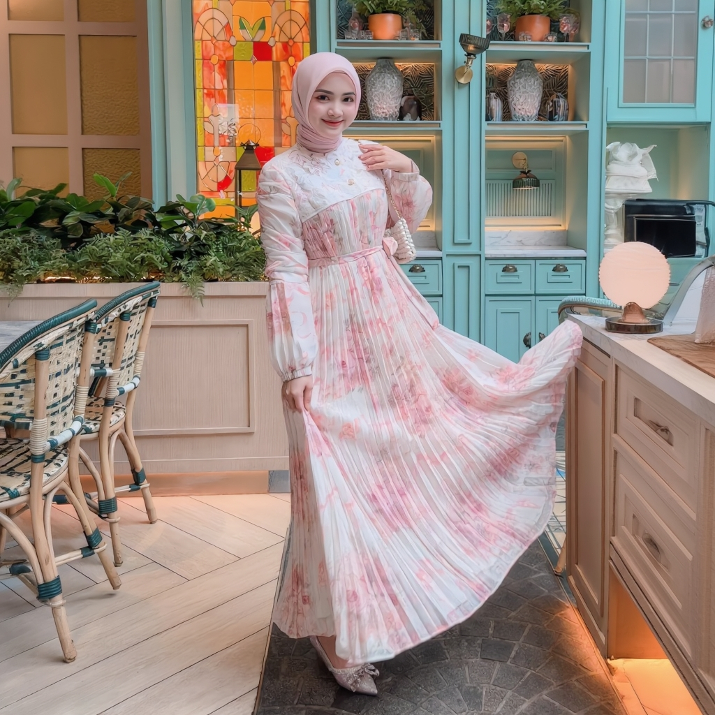 Fanmu - Pink Dress Gamis Plisket Set Hijab Raya Lebaran Wanita Motif Bunga Premium