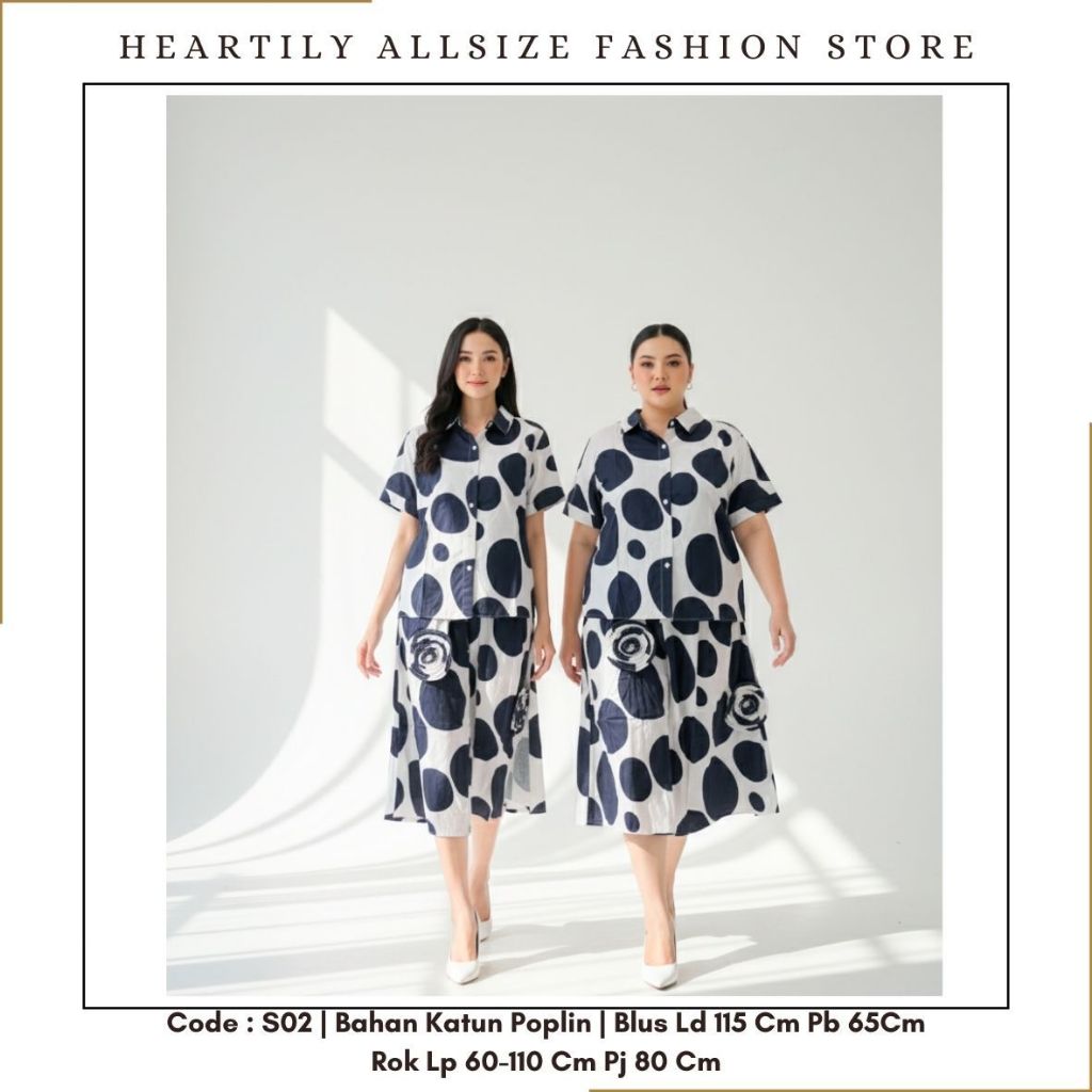 [ HEARTILY FASHION ] S02 Set Wanita Allsize Polkadot LD 115 - Rok LP 60-110cm Karet Pinggang Katun P