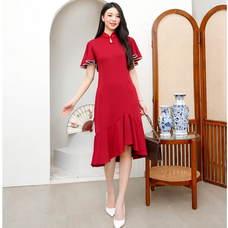 Aenor Cloth - Xiu Cheongsam Qipao Qibao Midi Dress CNY Imlek Sangjit Elegant up to Big Size Maroon C