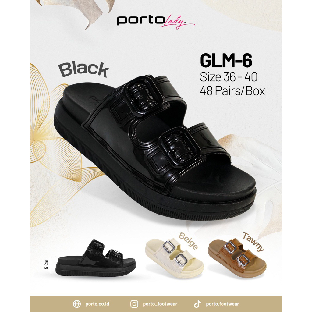 Sandal Wanita PortoLady GLM-6 Hitam | Sandal Gesper Double Kekinian | Empuk Nyaman | Casual Fashion