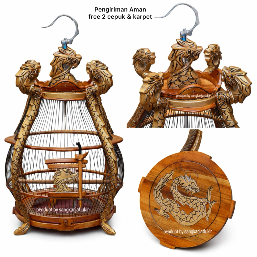 Sangkar Perkutut Minion Kayu Jati Motif Naga | Jeruji Fiber Ukir Jepara