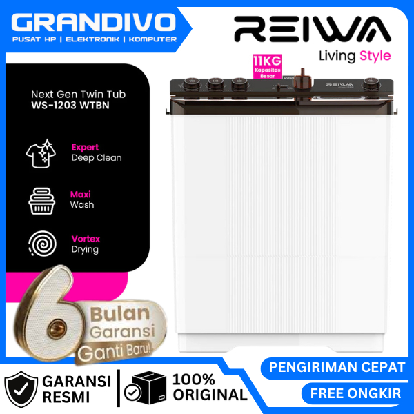Reiwa Mesin Cuci 2 Tabung 11Kg WS-1203WTBN WS 1203 GARANSI RESMI REIWA - GRANDIVO