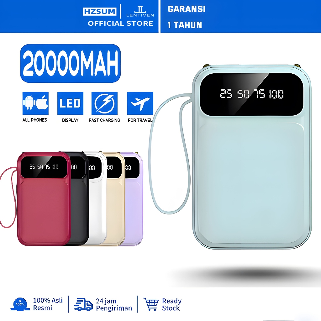 HZSUM LENTIVEN Mini Powerbank 20000 MAh With Kabel Fast Charging LED Senter Display