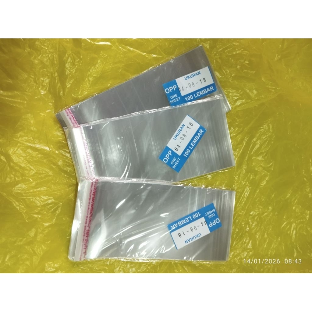Plastik OPP lembaran 8x18 cm one sheet tebal 04 mic 100 Lembar - Bening, Kaku, Polos