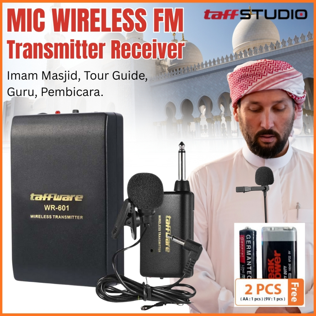 MS Taffware Microphone Clip On Transmitter Receiver Mic Wireless Imam Masjid Terbaik Karaoke WR-601