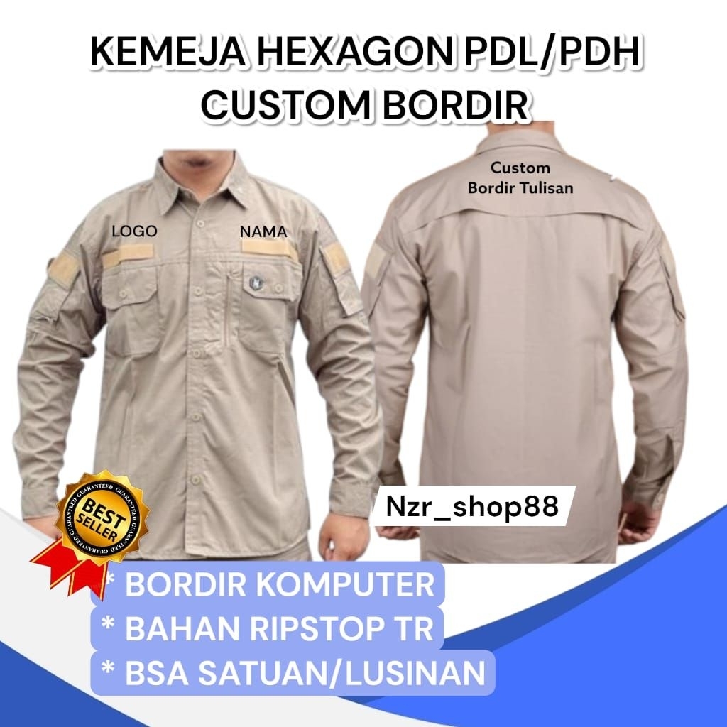 Kemeja Tactical Hexagon Custom Bordir | Custom Bordir 5 Titik | Kemja Tactical Custom Bordir