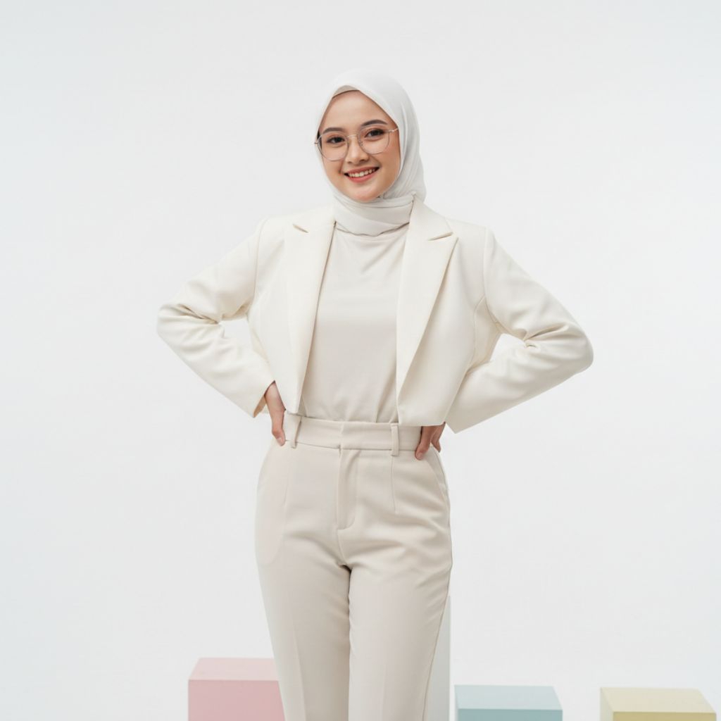 Jas Blazer Crop Wanita Outer Crop Wanita High Twist Putih