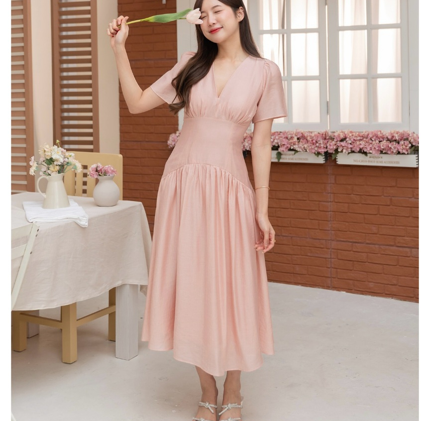 RCO Dress Wanita V Neck Tencel  | Midi Dress Elegan Tali Pinggang | Resleting Belakang + Furing