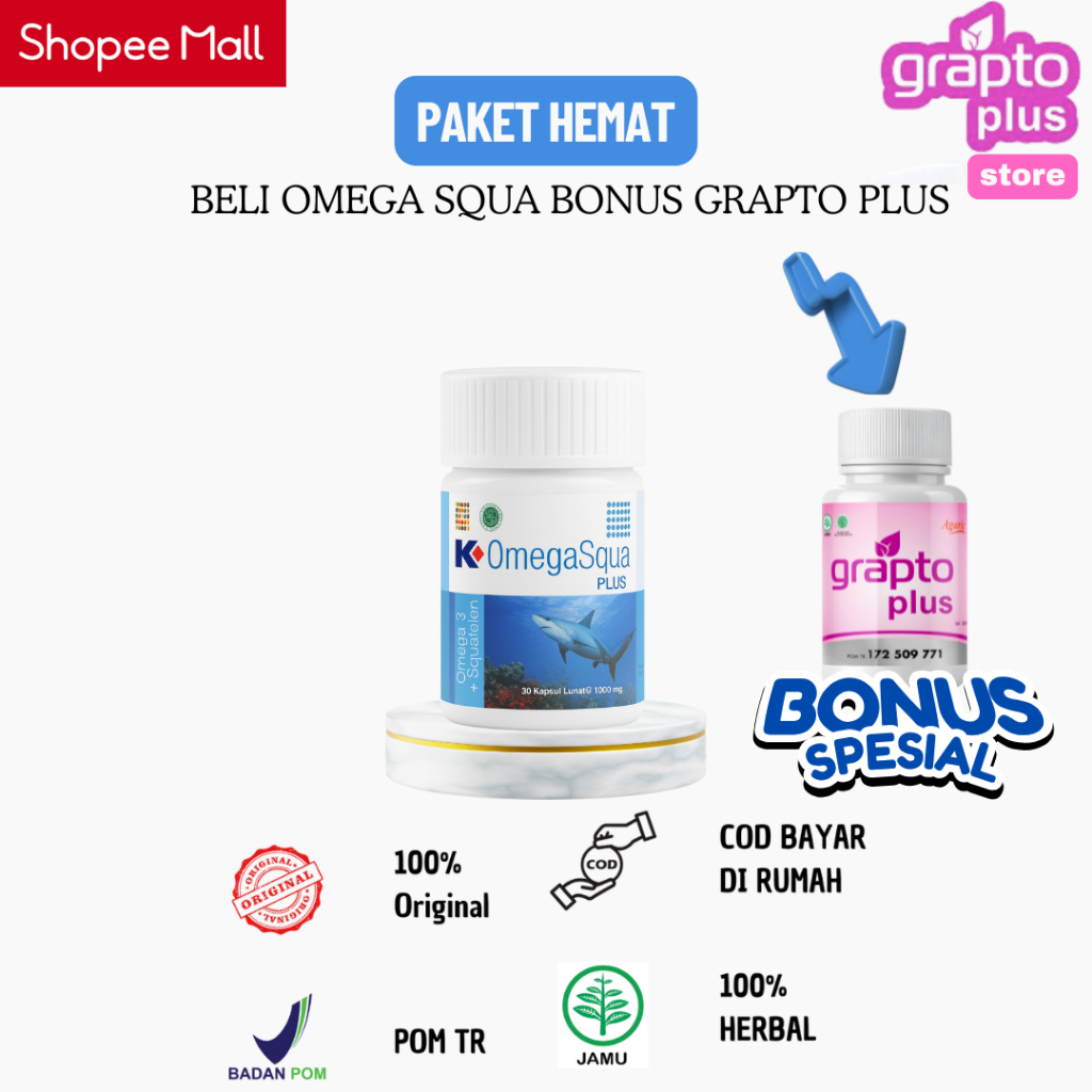 (PAKET HEMAT OMEGA SQUA BONUS GRAPTO PLUS) Grapto Plus Obat Wasir Ambeien Banjolan BAB Sakit Berdara