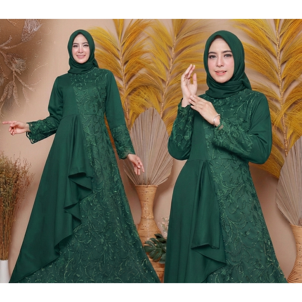 MAFAZA DRESS Gaun Pesta Muslimah Satin Velvet Brukat | Dress Kondangan Simple Elegan Kekinian