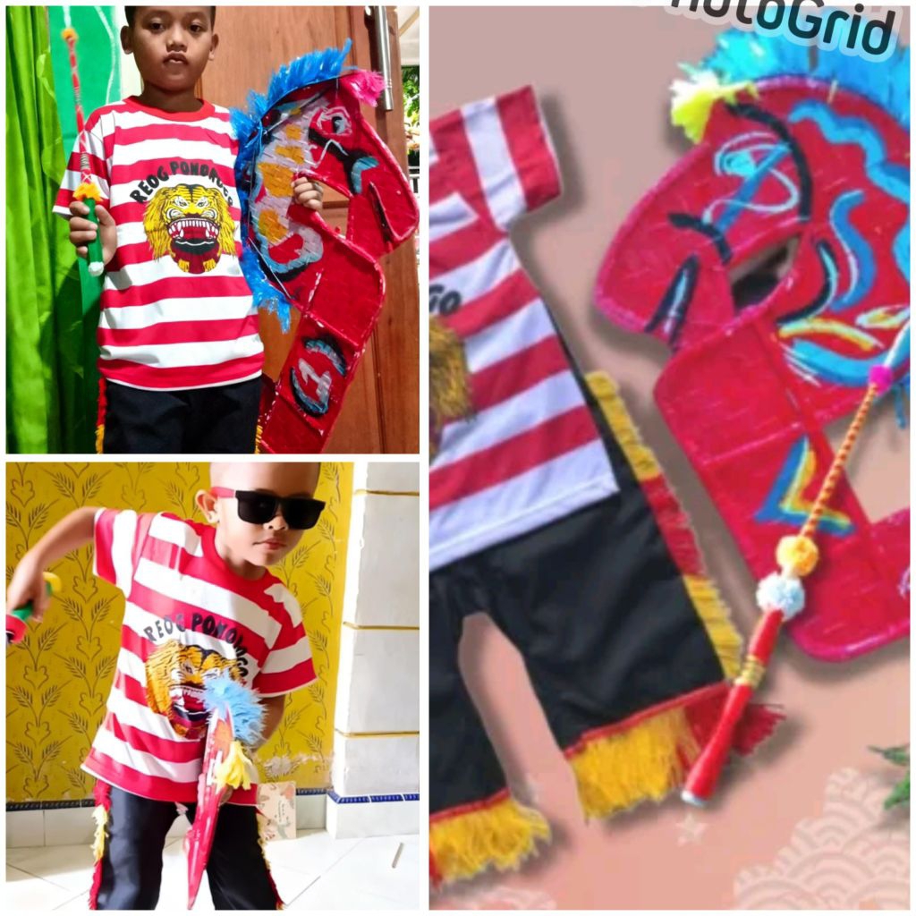 Set Baju Reog Ponorogo Anak + Kuda Lumping Jaranan + Cambuk Mainan
