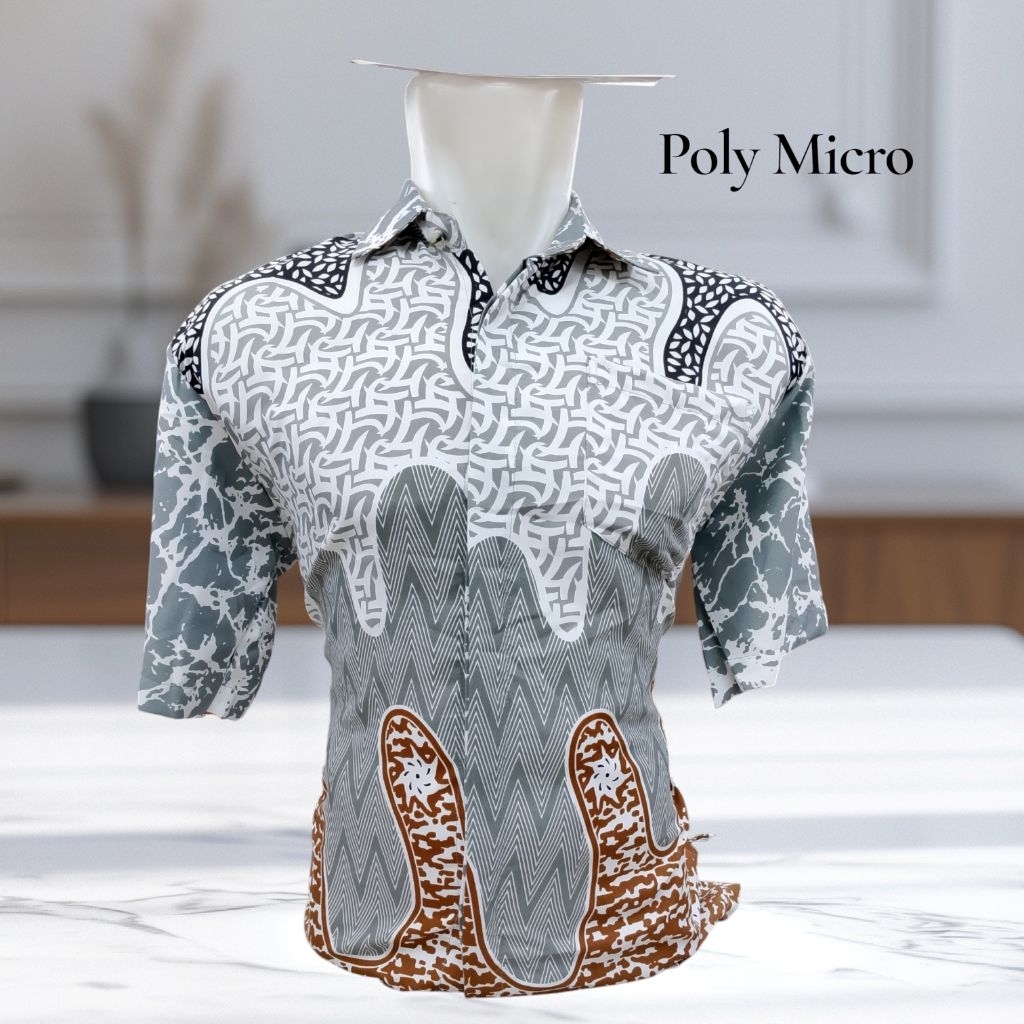Kemeja Batik Pria Lengan Pendek Bahan Katun Poly Warna Abu Silver Tanpa Furing,Tidak Luntur Dan Tida