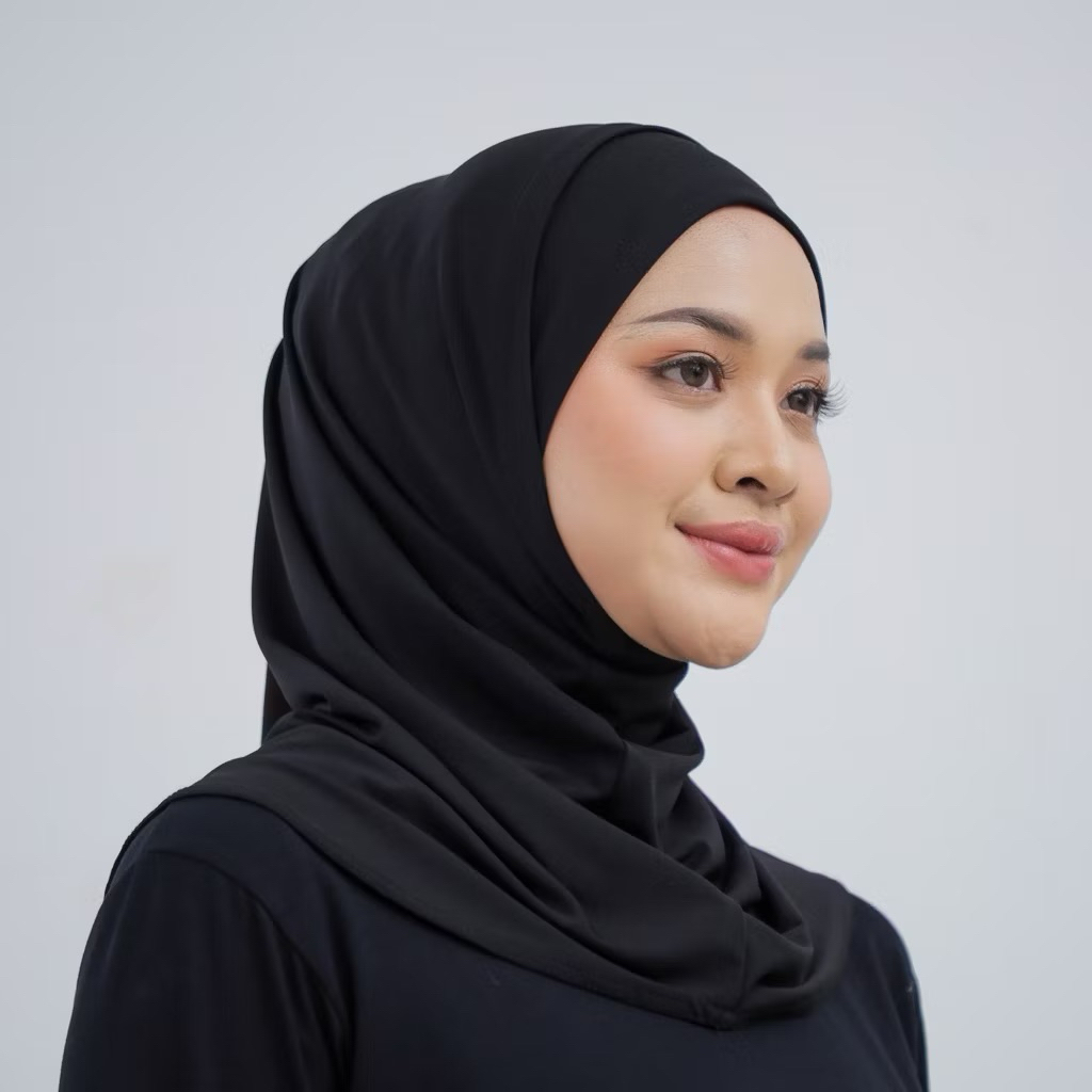 BERGO INSTAN TALI Hijab Sport Hitam Jersey Pendek