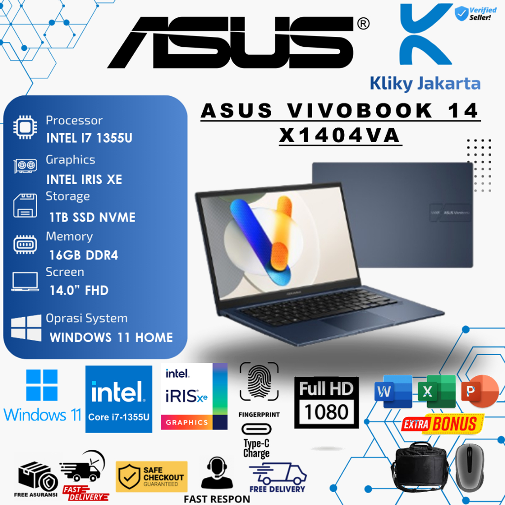Laptop Asus Vivobook 14 X1404VA Intel i7 1355U 16GB 1TB 14.0 FHD Win11 Home