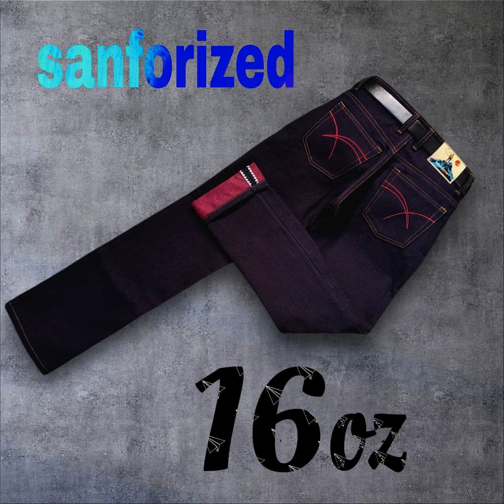 RAW DENIM SELVEDGE SHELL STITCH SANFORIZE, AKAI OD 16oz KAKU BISA FADING ( READY SIZE 26 S/D 40 ) SE
