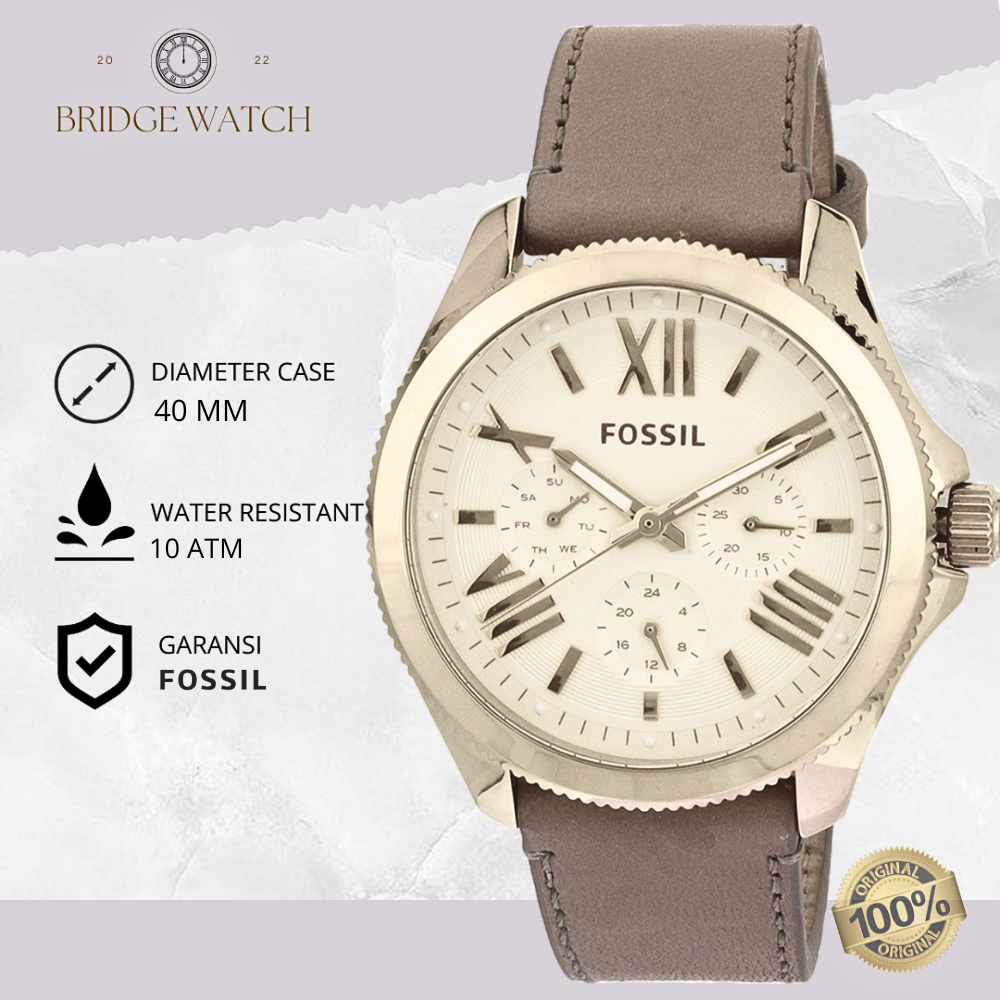 Jam Tangan Wanita Fossil Cecile AM4529 Chronograph Light Grey Leather Strap Kulit Champagne Gold Cas