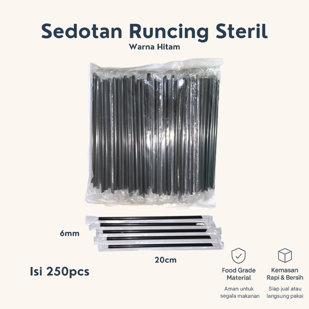 (250PCS) Sedotan 6x20 Steril | Lancip,Tebal,Keras | 6x20cm | Sedotan Es Teh Higienis Bungkus Plastik