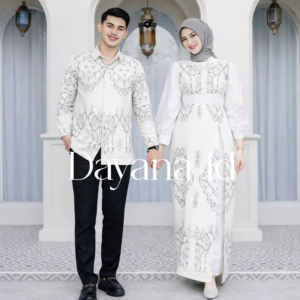 BAJU COUPLE TENUN KEMEJA DRESS TENUN COUPLE PASANGAN JANGGAR SERIES PUTIH TULANG LEBARAN KONDANGAN