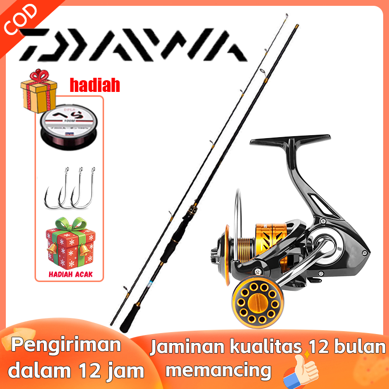 DAIWA Set Pancing Spinning Lengkap - Joran Karbon ML Power + Reel Cumi-Cumi 80KG, Alat Pancing untuk