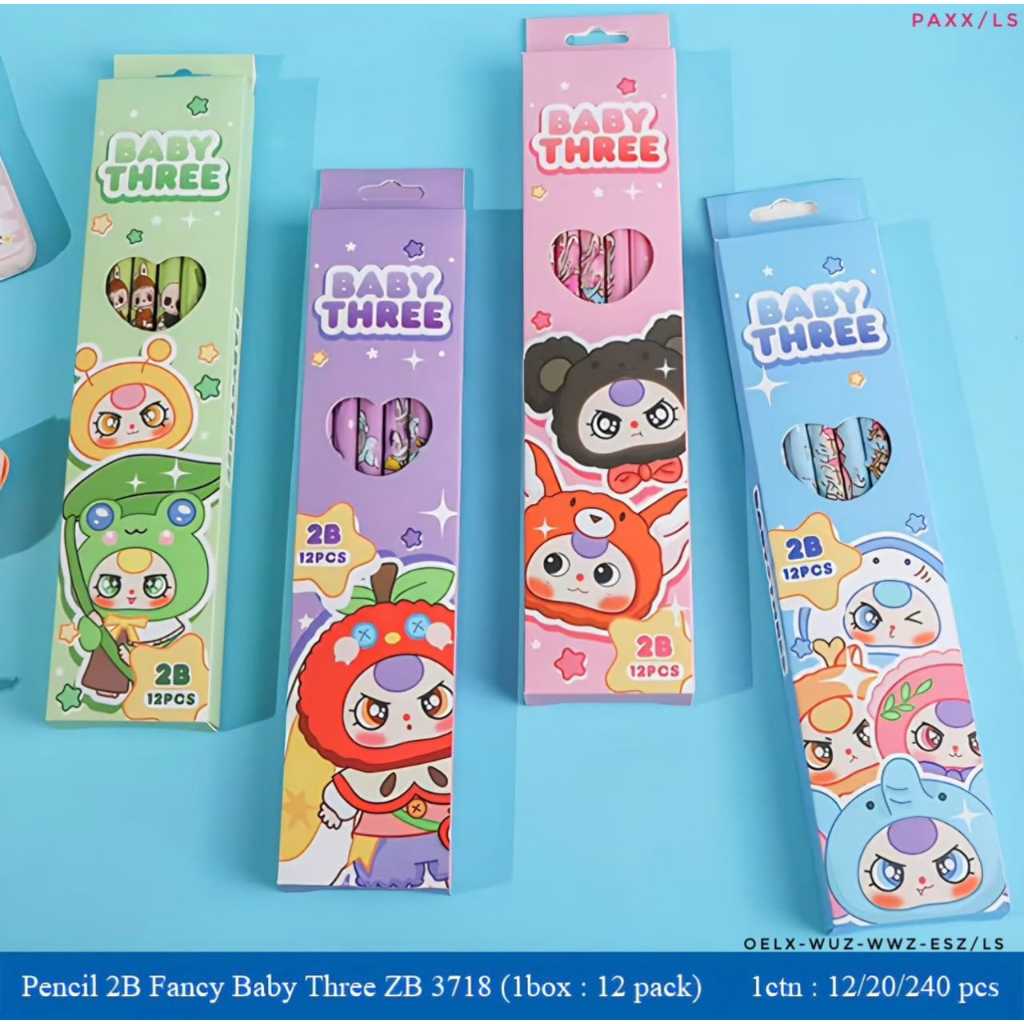 Pensil 2B Baby Three 1 Pak 1 Lusin Pensil Tulis Karakter Lucu Untuk Anak Sekolah SD Penghapus Rautan