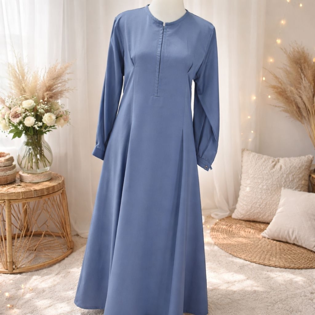 gamis slim fit warna denim wanita elegan  lembut kuat tidak panas