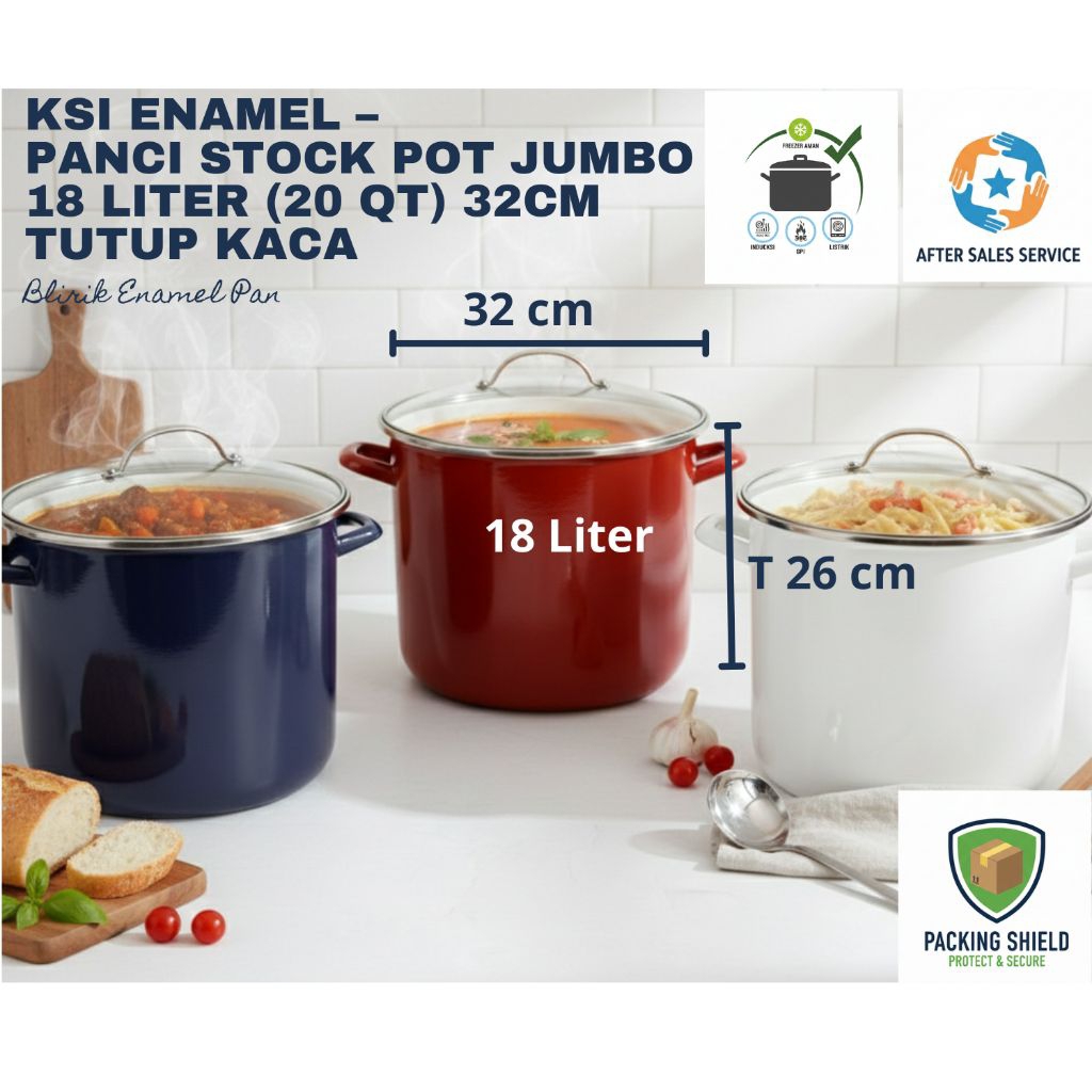 KSI Enamel – Panci Stock Pot Jumbo 18 Liter (20 QT) Diameter 32cm Tutup Kaca – Kapasitas Besar Anti 