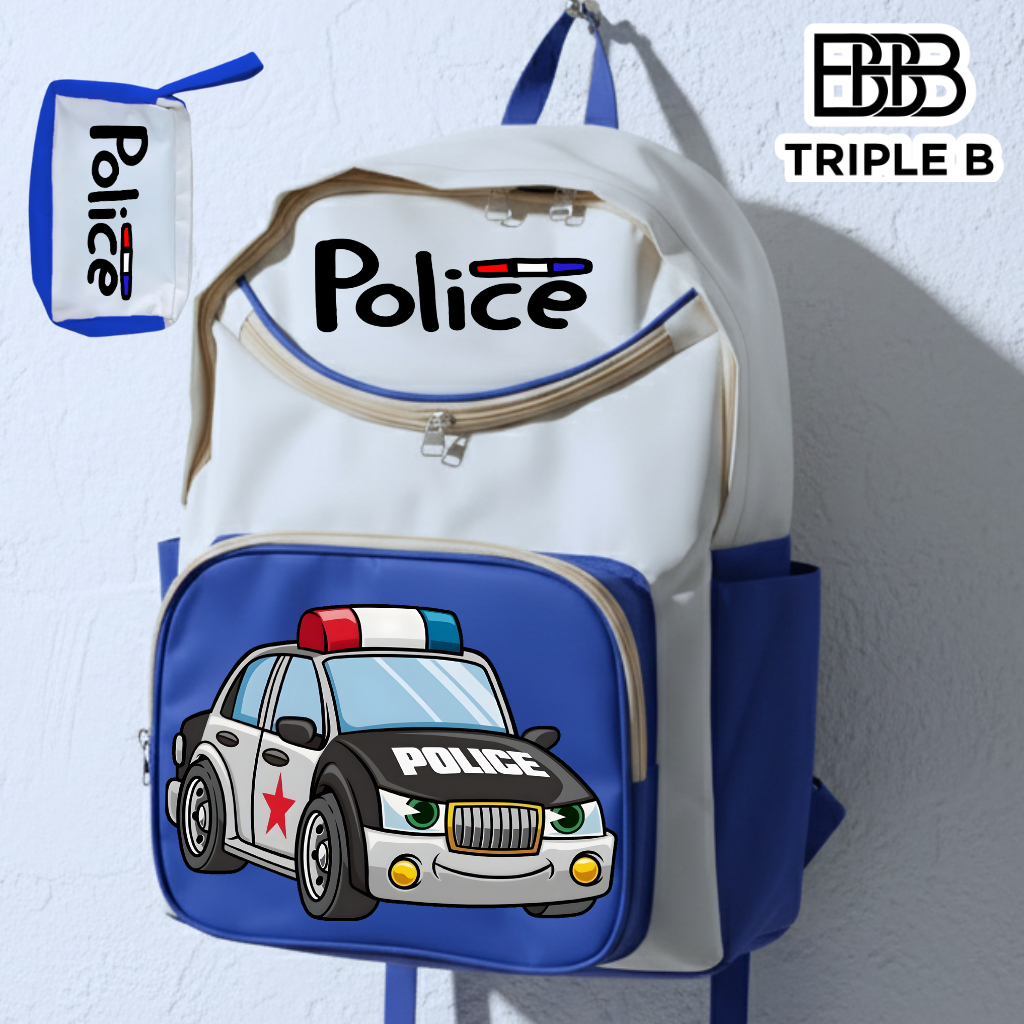 FREE POUCH TAS RANSEL ANAK BACKPACK ANAK LAKI-LAKI TK/PAUD DAN SD MOBIL POLISI PREMIUM QUALITY