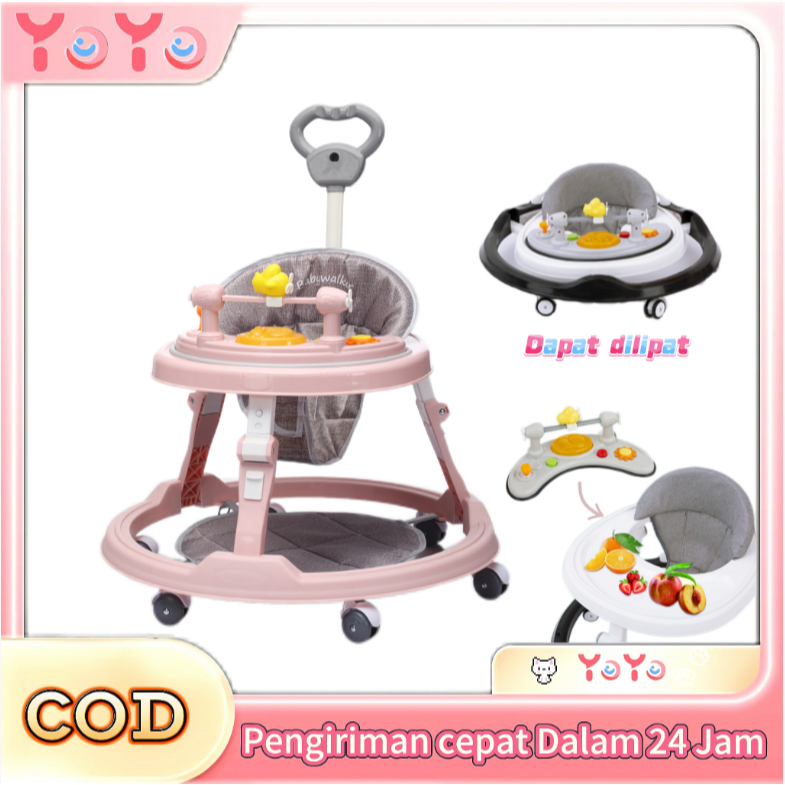 Walker Bayi Belajar Jalan Dilipat Ringan Tinggi Bisa Diatur dengan Kotak Musik Mainan & Nampan Makan