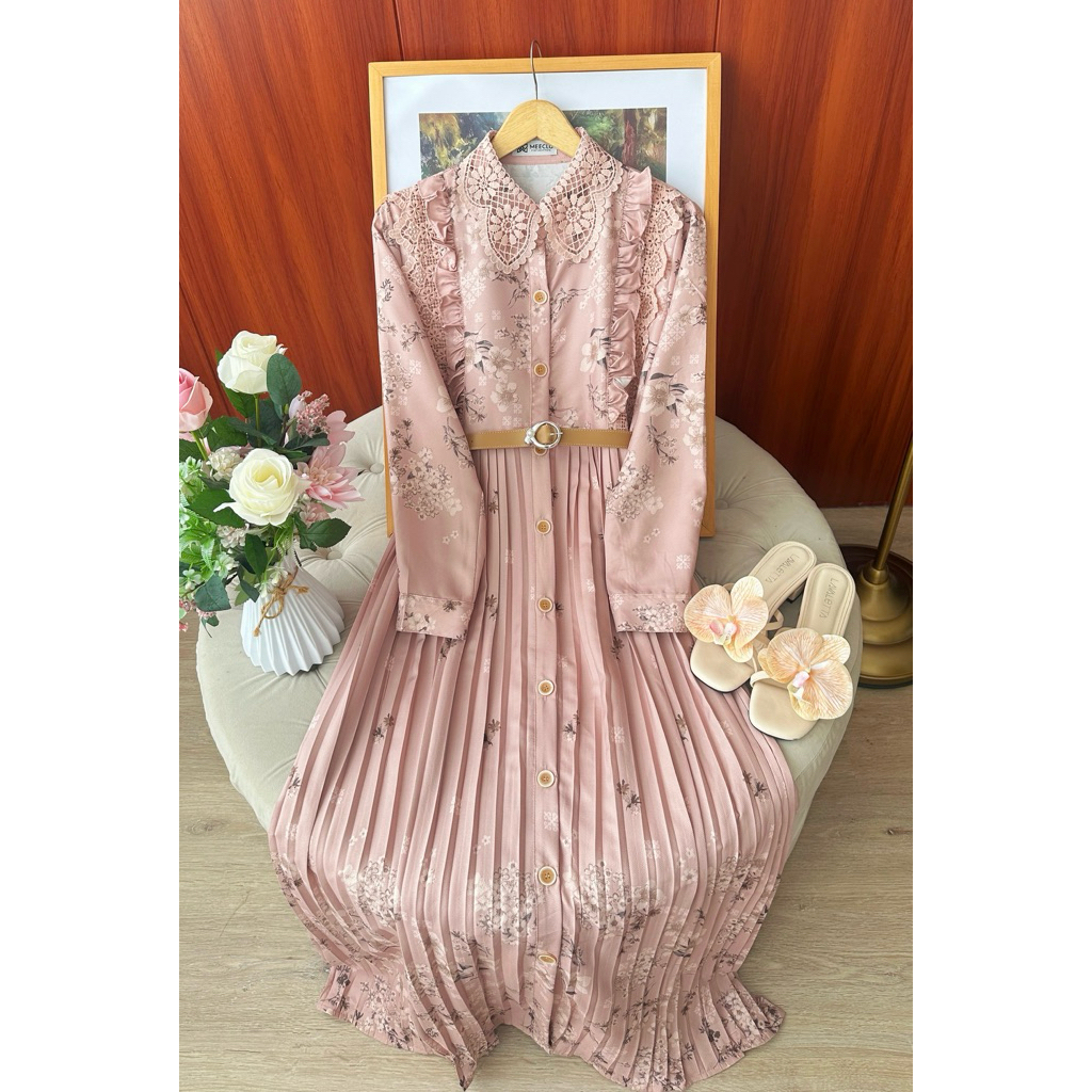 VIOLIN DRESS PLISKET WANITA BAHAN MANGO TWILL PREMIUM DRESS LEBARAN BY MEECLO