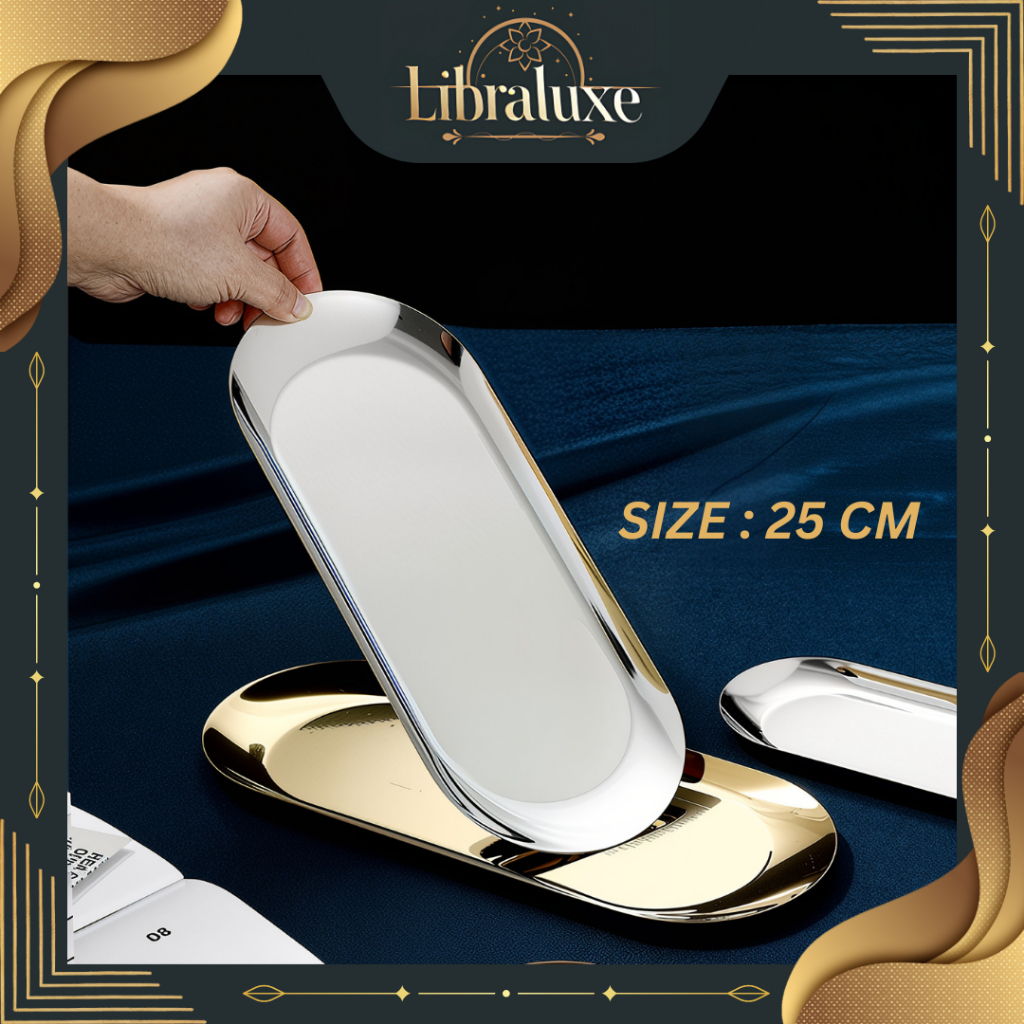 Nampan Oval Ukuran 25 CM Stainless Steel Piring Hidangan Cantik Serbaguna