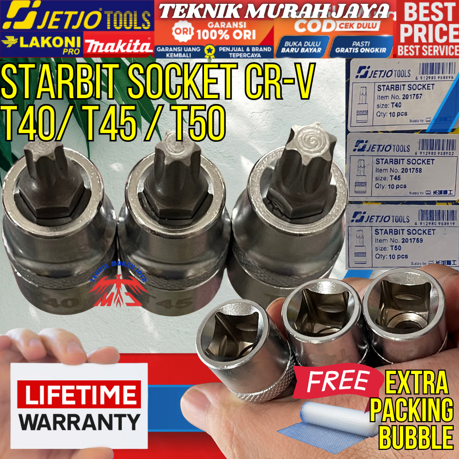 JETJO STARBIT STAR BIT SOCKET Mata Sock T40 T45 T50  DR 1/2" Star Torx Soket Bit Sok Bintang 201757 