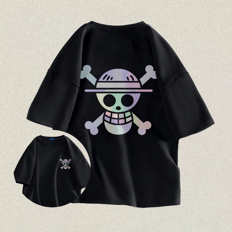 RENELLE Baju Kaos Oversize Pria | Bajak Laut Topi Jerami Bendera Tengkorak dan Salib Bajak Laut Topi