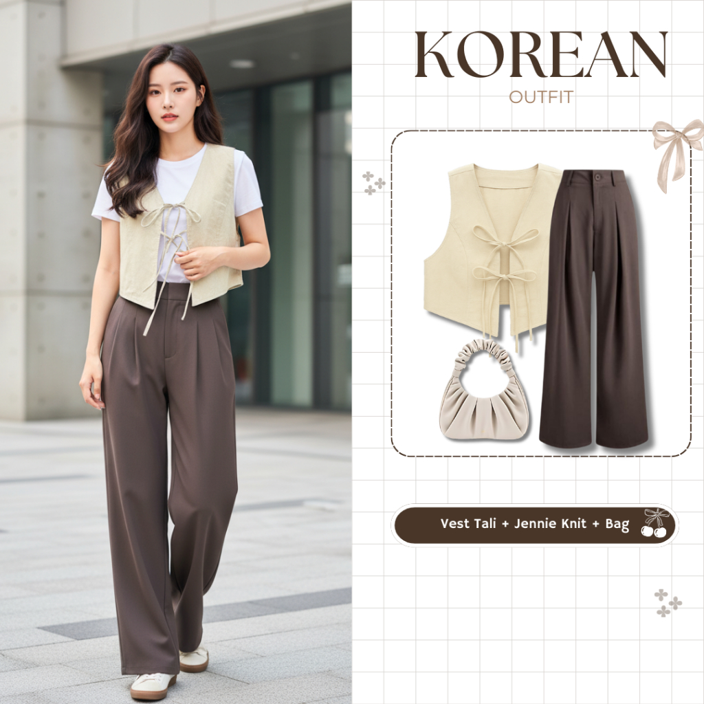 set Korean Style|Fashion Looks Perempuan 4IN1 (Vest Tali Cream+Crop Top+ Jennie Knit) - KHS124