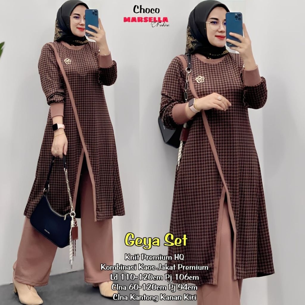 Marsella -Geya Set Tunik Celana Wanita Kaos Jacket Import X Knit Import