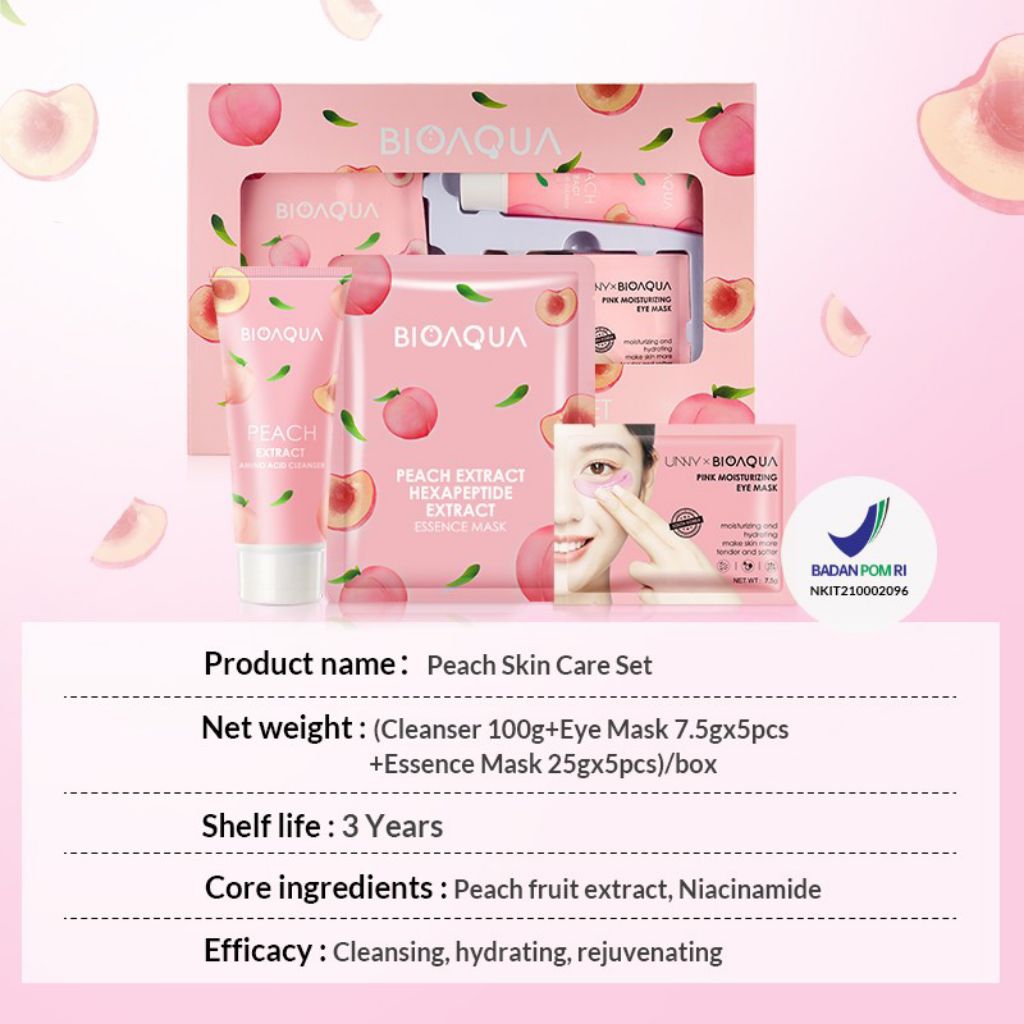 BIOAQUA Peach Extract Skincare Set- Facial Wash 100mL + 5pcs Essense Mask + 5pcs Eye Mask