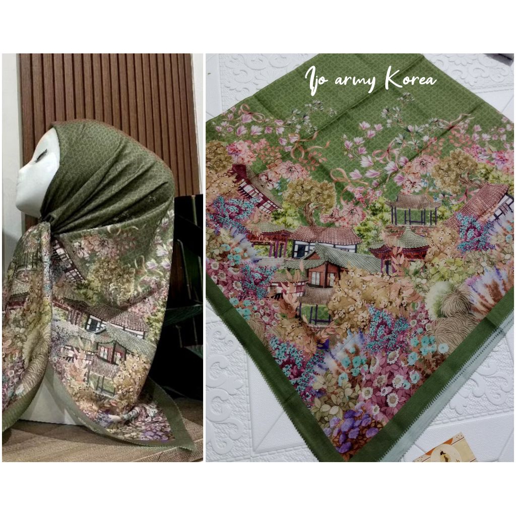 Segiempat Voal Sublim Premium Hijau Army Motif Rumah Korea Hijab Segiempat Motif Hijab Voal