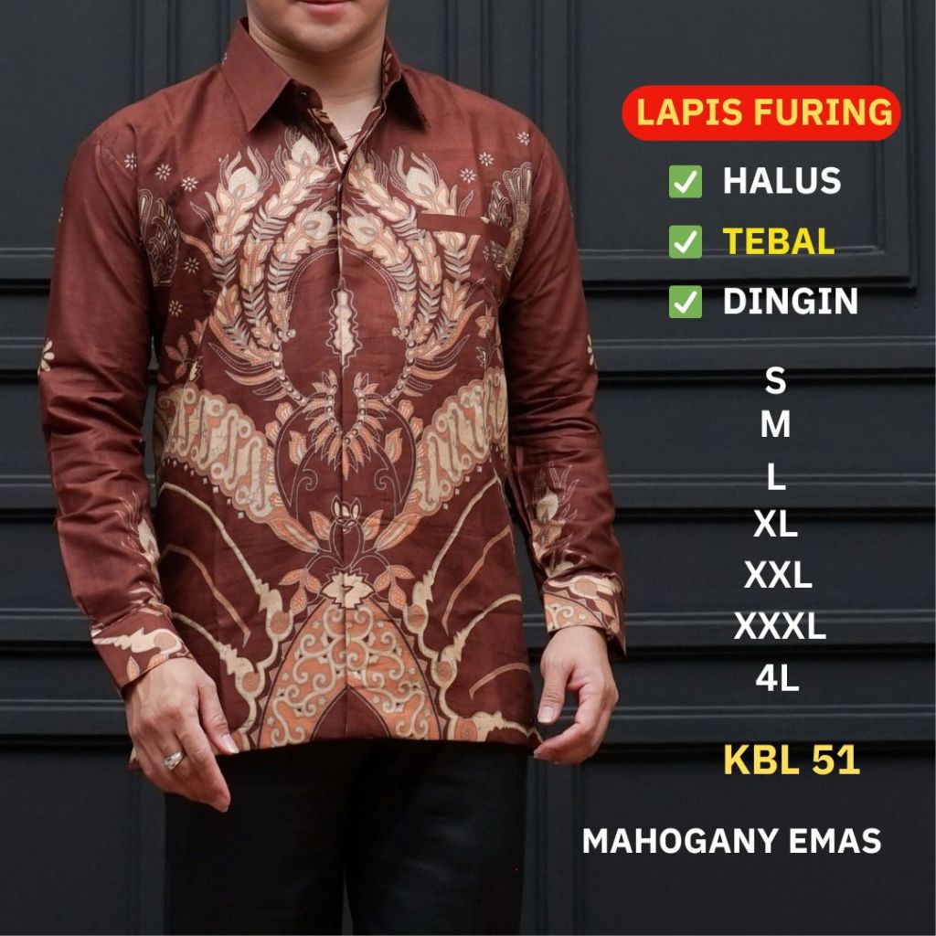 Batik Pria Lapis Furing Kemeja Lengan Panjang Standar & Jumbo Warna Mahogany Batik Ambari KBL 51
