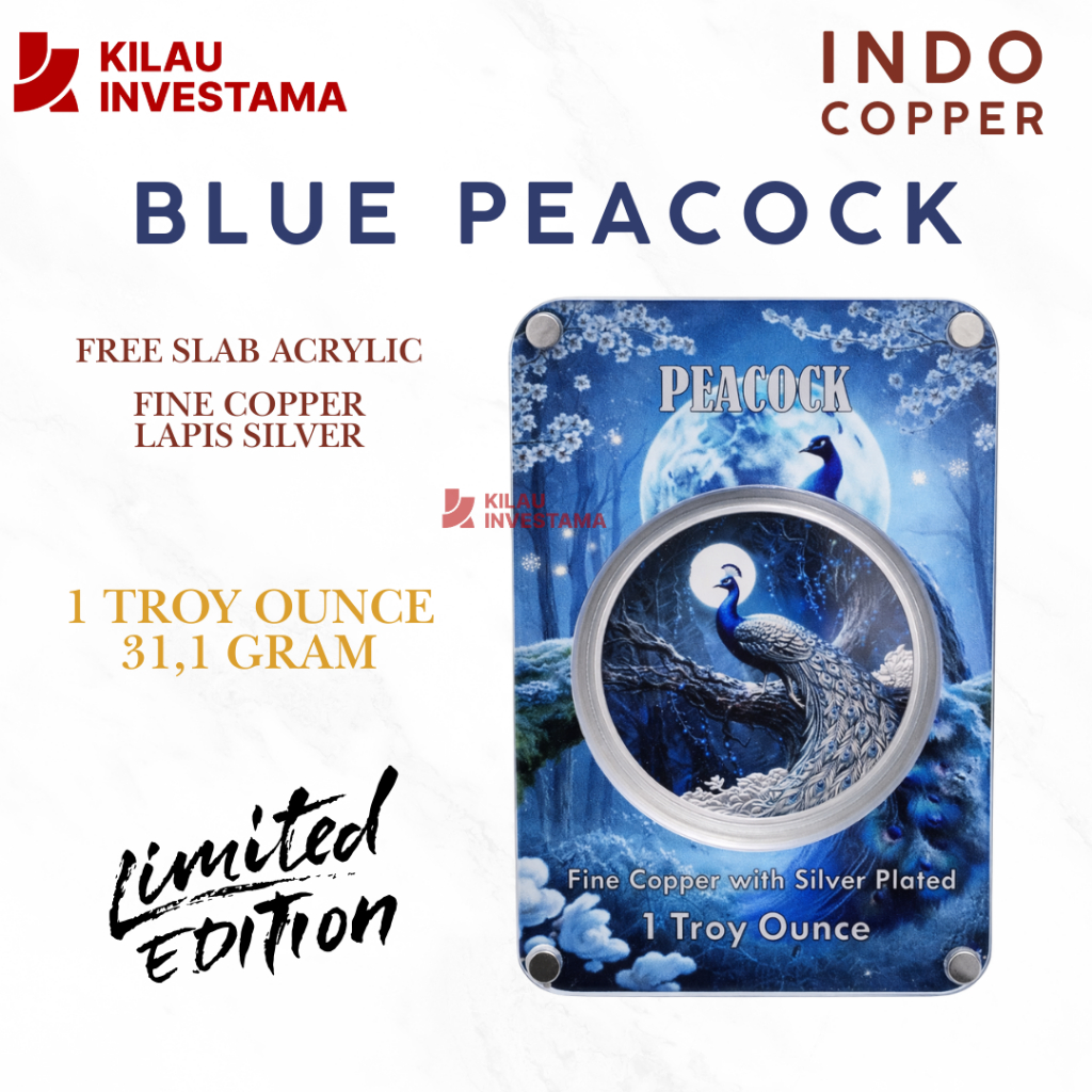 Blue Peacock Koin Tembaga Murni Lapis Perak 1 Oz 31,1gram