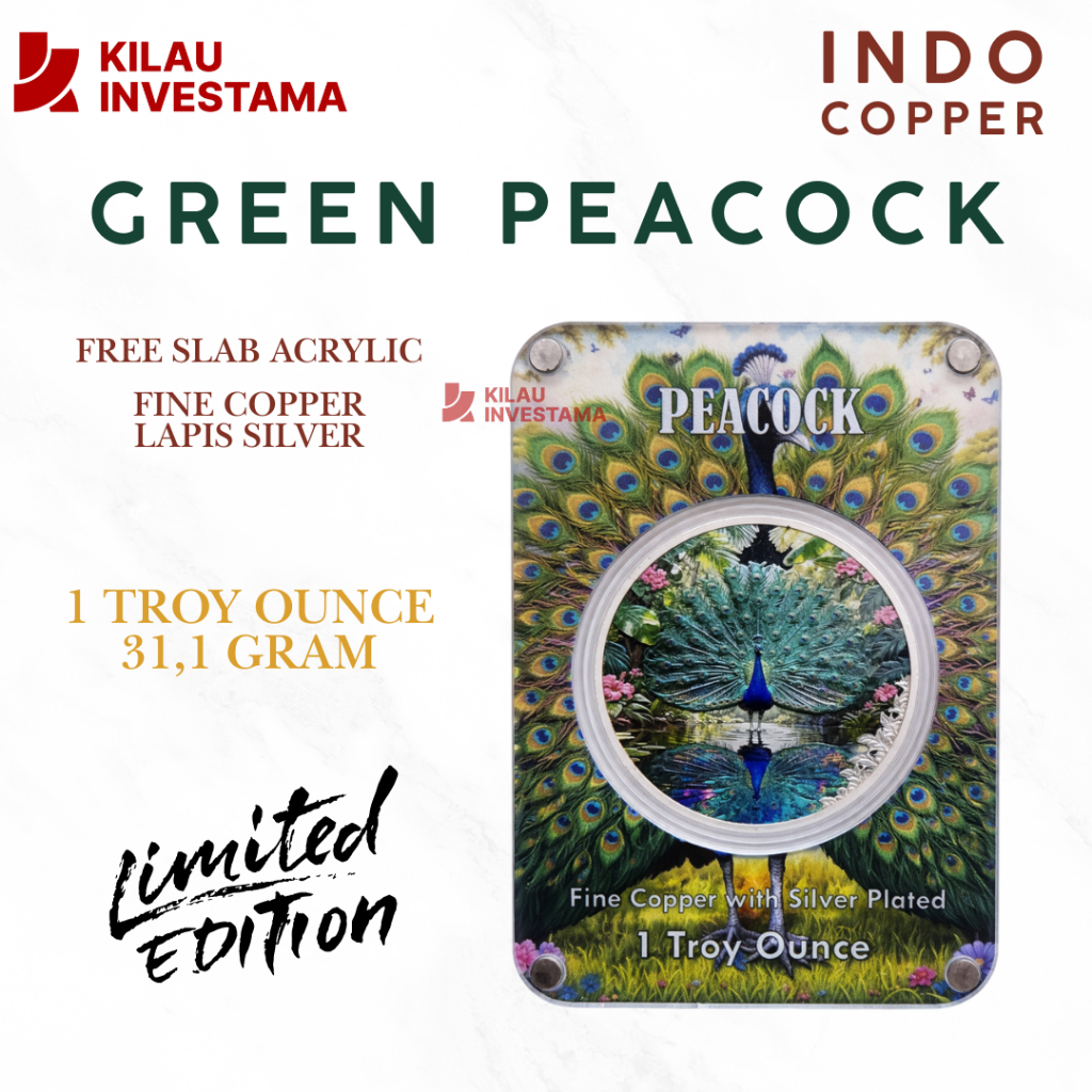 Green Peacock Koin Tembaga Murni Lapis Perak 1 Oz 31,1gram
