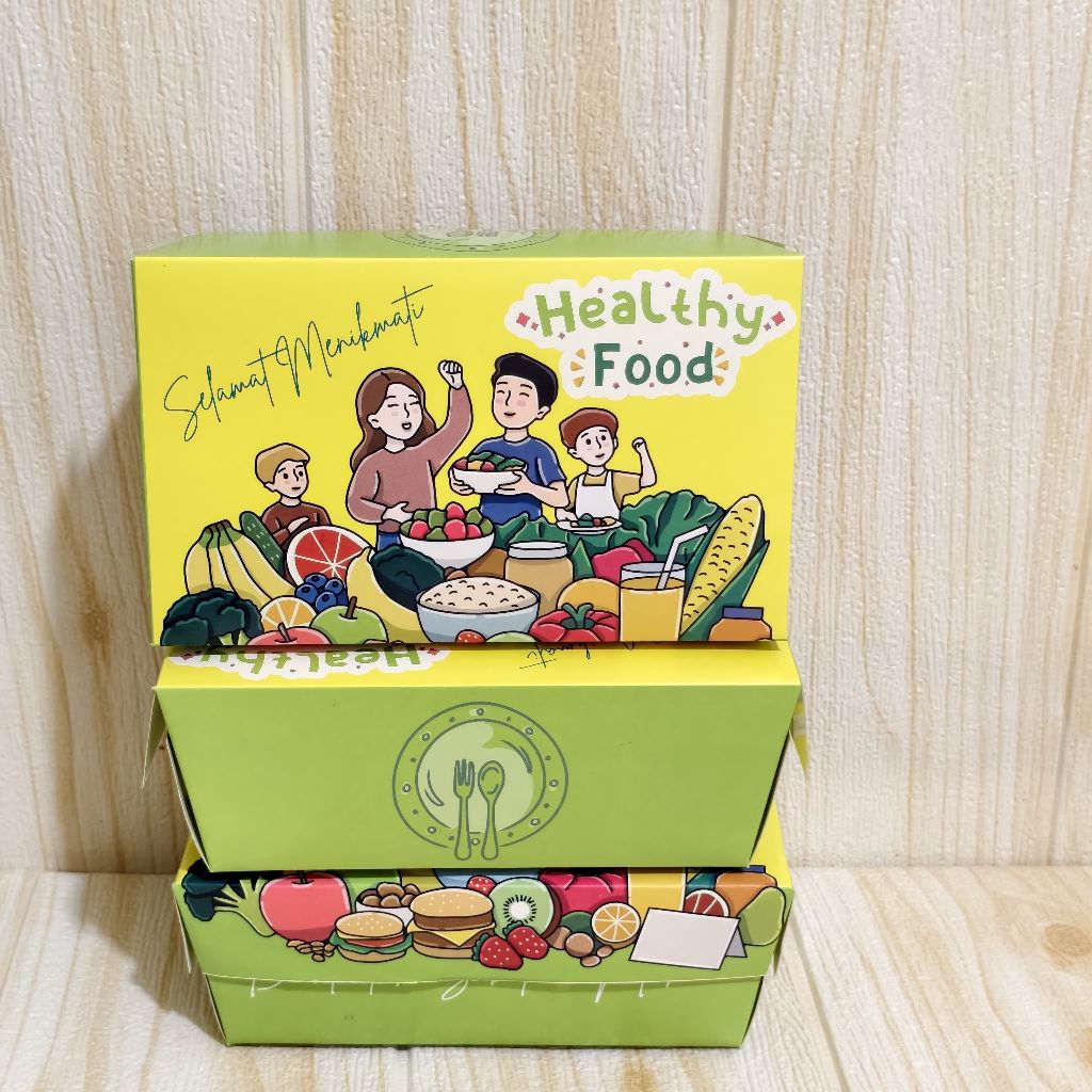 Paper Lunch Box M 100 pcs HEALTHY FOOD Dus makan ivory laminasi glossy Fullcolour kemasan makanan te