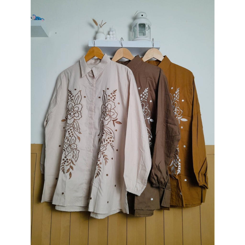 Blouse Wanita Jumbo LD 130 Poplin Bordir Bunga Atasan Big Size Mewah Elegan Kerja