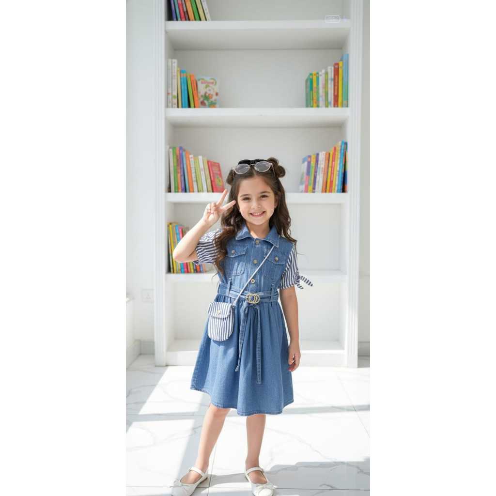 Dress Midi Jeans Anak Perempuan Mix Brokat Lengan Pendek Usia 3-10 Tahun Fashion import COD